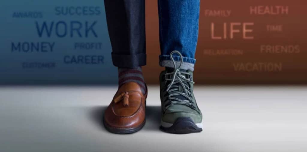 picture of mens legs one with work shoes on and another with leisure shoes on